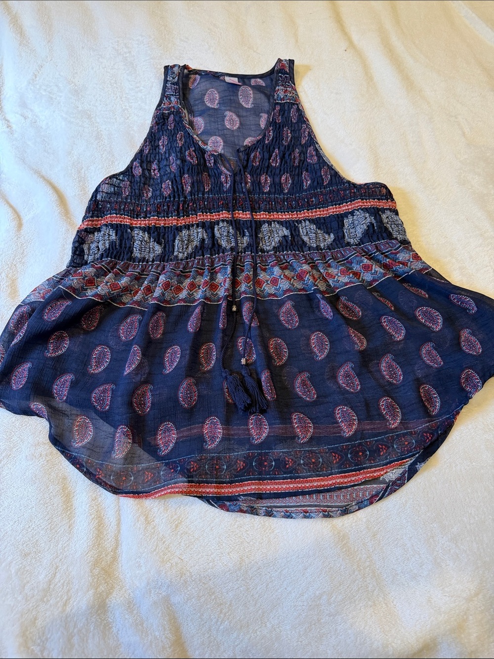 No Boundaries Navy Paisley Boho Tank with Tassel Tie